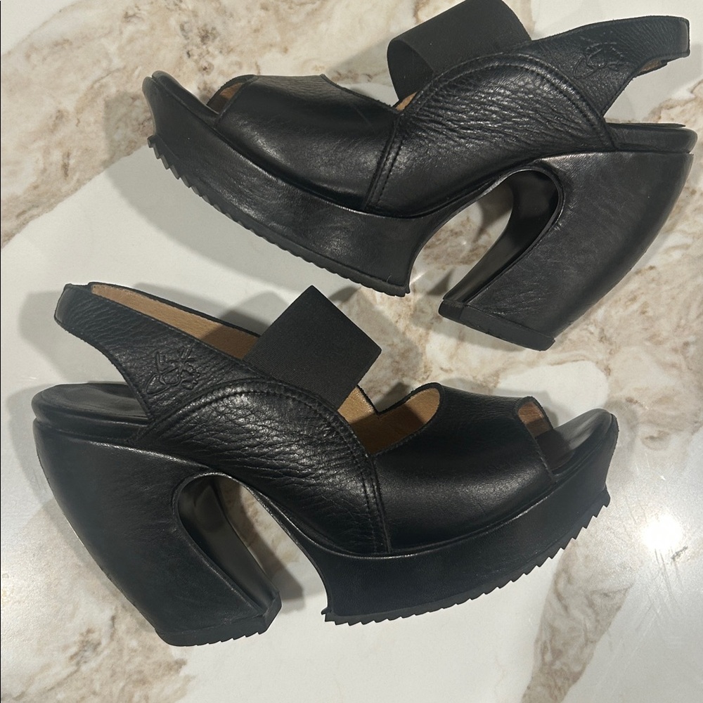 John Fluevog Black Leather Cutout Platform Slingback Heels